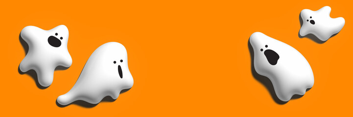 Template for Halloween banner with 3d ghosts on orange background