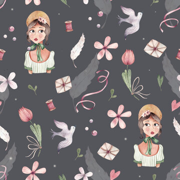 Seamless vintage watercolor pattern on a dark background