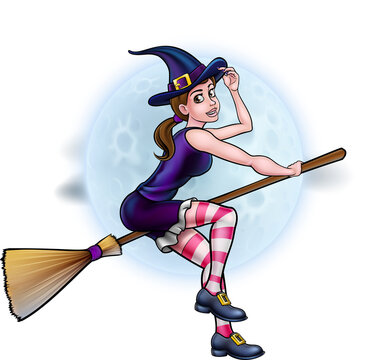 Halloween Witch Flying on Broomstick Scene