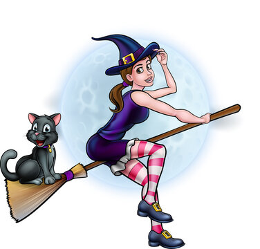 Halloween Witch and Cat Flying Moon Scene