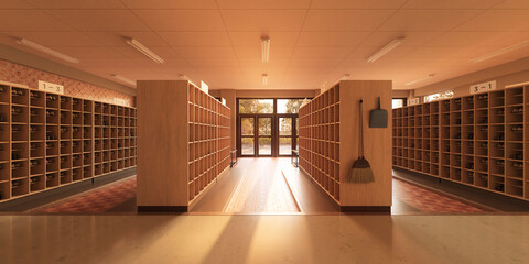 夕日が差し込む放課後の昇降口と下駄箱 / スクールライフ・学園ロケーション・青春とノスタルジーのコンセプトイメージ / 3Dレンダリング