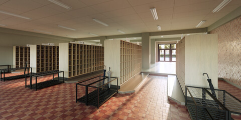 爽やかな朝日が差し込む始業前の昇降口 / スクールライフ・学園ロケーション・青春とノスタルジーのコンセプトイメージ / 3Dレンダリング