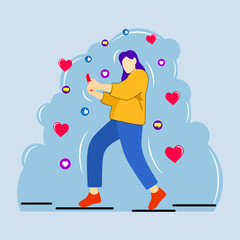 Vector flat design of a woman playing cell phone.  You can use banner designs and social media