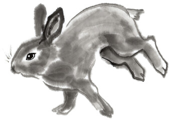 兎　水墨画　走る
