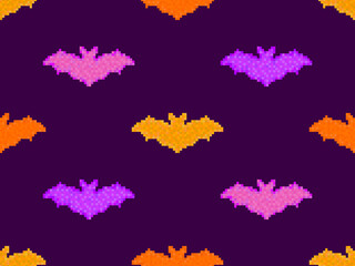 Pixel bats seamless pattern. Halloween background with bats in pixel art style. Retro 8-bit video game of the 90s in 2D. Design for games, apps, banners and posters. Vector illustration
