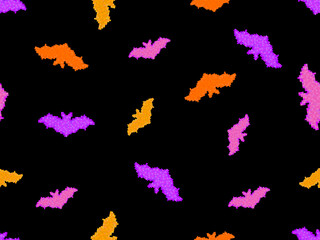 Pixel bats seamless pattern. Halloween background with bats in pixel art style. Retro 8-bit video game of the 90s in 2D. Design for games, apps, banners and posters. Vector illustration