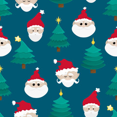 Seamless Christmas pattern with trees and heads of Santa Claus.  Illustration in flat cartoon style. Blue, green, white and red colors.
Pattern on changing blue background.