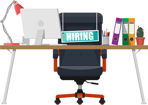 Office chair, sign vacancy, table with office items