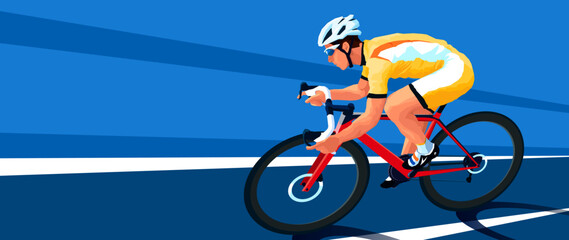 Fototapeta na wymiar A cyclist rushes on a red gravel bike. In the gear. Road bike. Cycling team. Dynamic scene, high speed. Vector illustration. Blue background, parallel lines 
