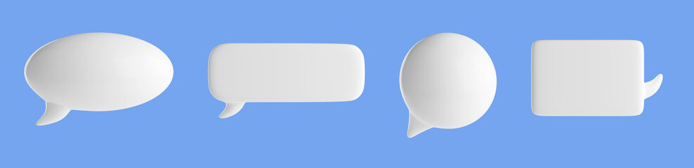 3d render speech bubbles, isolated white communication and thought balloons. Dialogue, speak and message boxes, frames, design elements on blue background Illustration in cartoon plastic style