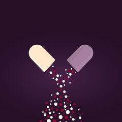 Two halves of a tablet from which round contents are poured out. Illustration can be used on medical sfiere (print, typography). 