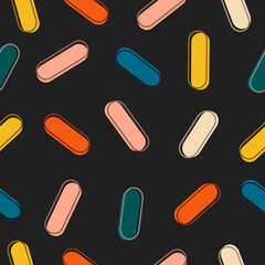 Seamless pattern with one line pills on dark background. Illustration can be used on medical sfiere (print, typography). 