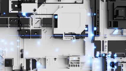 Black-white futuristic circuit technology with blue LED point light. Concept 3D CG of hi-tech digital data connection system, computer electronic design and Sci-Fi Landscape.