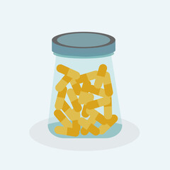 Transparent jar with a blue lid filled with orange pills. Illustration can be used on medical sfiere (print, typography). 