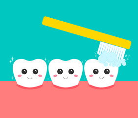 Mouth with three happy smiling cute teeth with toothpaste and brush. Illustration can be used on stomatology clinic, like poster or print.
