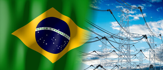 Brazil - country flag and electricity pylons - 3D illustration