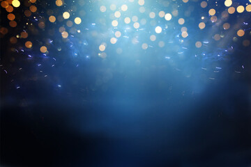 background of abstract glitter lights. gold, blue and black. de focused