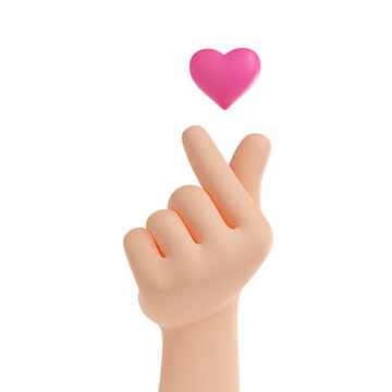 3d render korean finger heart symbol means I Love You on hangul script. Hand gesture, palm show loving message, international sign, isolated Illustration on white background in cartoon plastic style