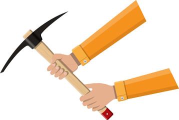 Wooden pickaxe with iron tip in hand