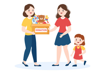 Cardboard Donation Box Containing Toys for Children, Social Care, Volunteering and Charity in Hand Drawn Cartoon Flat Illustration