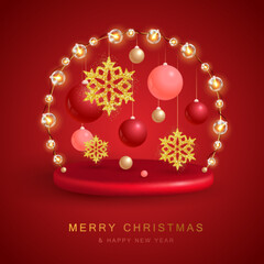Fototapeta na wymiar Christmas holiday background with realistic 3D plastic decorations. Merry Christmas and Happy new Year greeting card. Vector illustration
