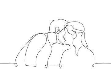 man leans over woman and whispers something in her ear or kisses her cheek - one line drawing vector. concept gossip or flirtatious seductive