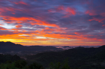 Aerial view Beautiful  panorama of morning scenery Golden light sunrise And the mist flows on high mountains forest. Pang Puai, Mae Moh, Lampang, Thailand.