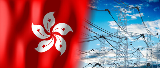 Hong Kong - country flag and electricity pylons - 3D illustration