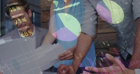 Animation of pizza icons and data processing over african american man using laptop at office - Powered by Adobe