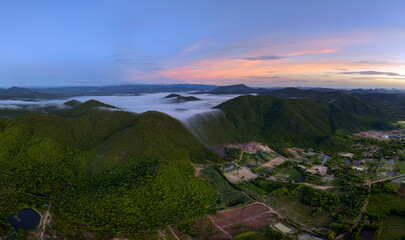 Forest fog. Aerial view Forest sea of fog in the morning sunrise. Nong Ya Plong, Phetchaburi, THailand.