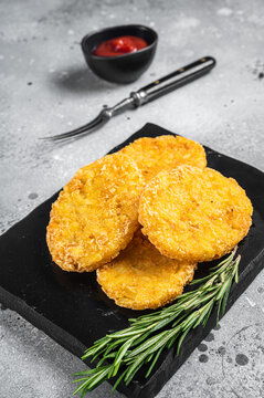 Hash Brown Potato With Ketchup, Hashbrown On White Table. Gray Background. Top View