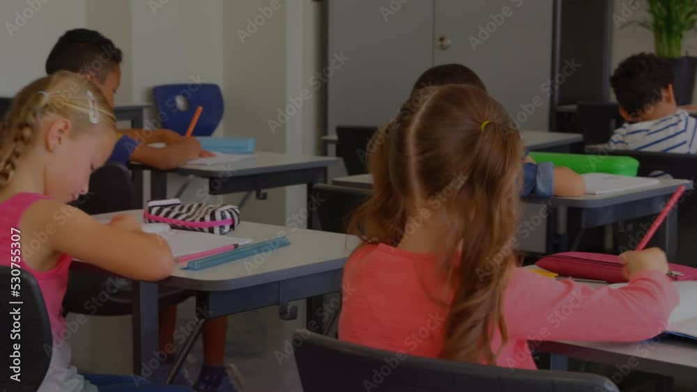 Canvas Prints Animation of spots of light against group of diverse school kids studying in the class at school