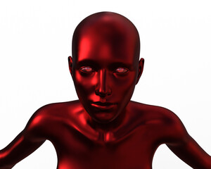 3D render portrait of a red bald woman on a white background.