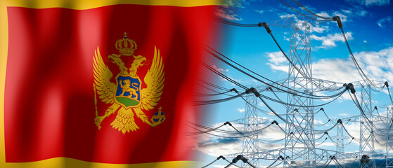 Montenegro - country flag and electricity pylons - 3D illustration