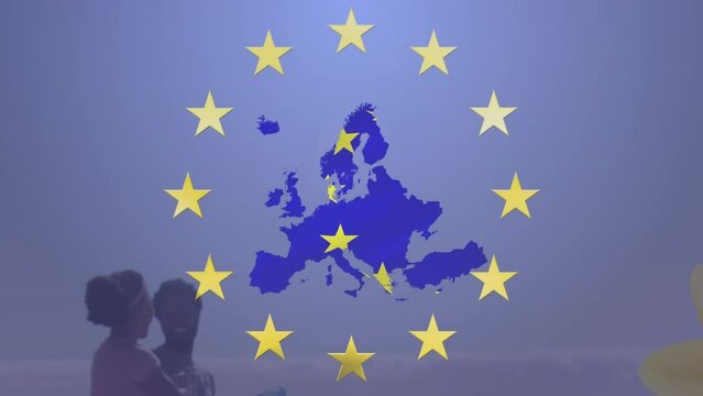 Animation of flag of eu over african american couple