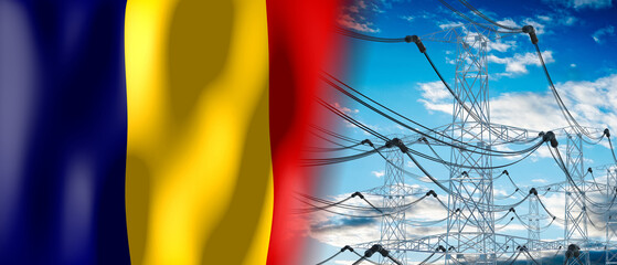 Romania - country flag and electricity pylons - 3D illustration