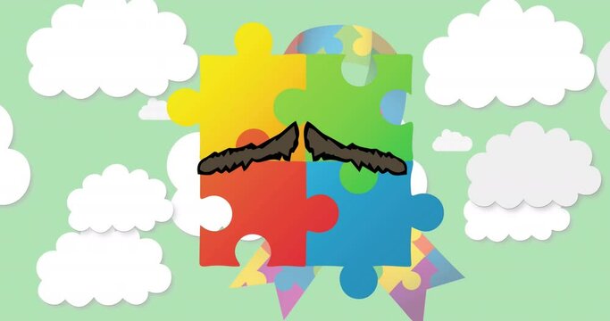 Animation of clouds and cancer ribbon over colourful puzzles