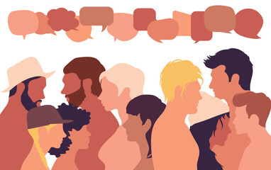 People of multiethnic origin communicating and sharing ideas. Confusion and disorganisation. Immigration and crowd vector cartoon coloured profile people of multicultural origin.
