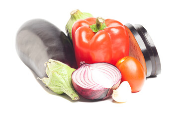 Fresh vegetables: eggplant,bulgarian red pepper,red onion,garlic,tomato isolated on white background.