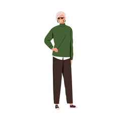 Modern elderly woman in fashion casual clothes. Happy smiling old lady wearing stylish apparel. Senior female character in sunglasses. Flat graphic vector illustration isolated on white background