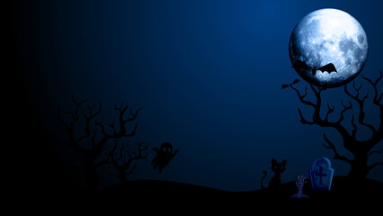 Fototapeta na wymiar Blue Halloween Banner Scary Blue Moon Night Scene With Trees And Tombstones