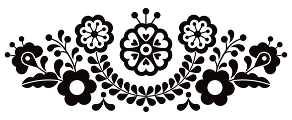 Mexican folk art style vector floral pattern long horizontal oriented, designs inspired by traditional embroidery from Mexico in black and white
 