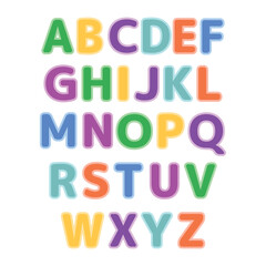 Cute Color alphabet. Hand drawing font for children. Flat isolated vector illustration. On white background