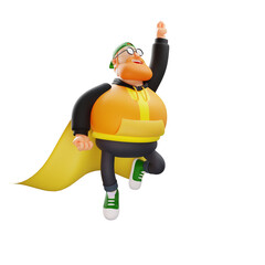 3D illustration. 3D Cartoon Fat Man showing a flying pose. wearing a yellow robe on the body. showing a happy smiling expression. 3D Cartoon Character