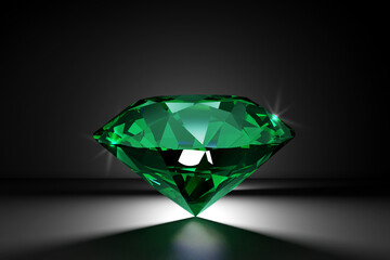 Beautiful Shiny Green Emerald Diamond on Black Background - 3D Illustration