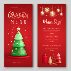 Christmas holiday restaurant menu design with realistic 3D plastic Christmas trees. Merry Christmas and Happy new Year greeting card. Vector illustration