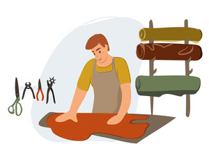 A male shoemaker cuts out details for a future product. Fashion designer, shoe repairman. Leather products with their own hands. Shoe tailoring concept. Vector illustration.