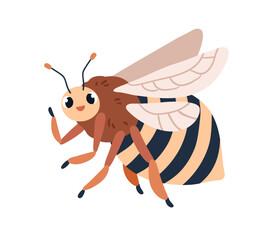 Cute bumblebee flying and greeting with hi gesture. Happy smiling insect, baby character. Funny plump fat bug with wings flies. Flat graphic vector illustration isolated on white background