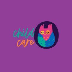 Child care logo. Owl in the hollow cartoon logo illustration