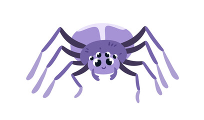 Happy cute spider with eyes and legs. Funny arachnid, childish character. Smiling comic insect with positive expression, emotion. Kids flat vector illustration isolated on white background